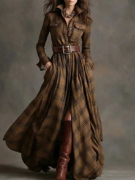 French Retro Plaid Dress - Plus Size Belted Waist Irregular Hem Dress Meifu Market