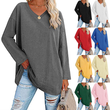 Solid Color Loose Drop Shoulder Sleeve V Neck Long Sleeve Blouse Meifu Market