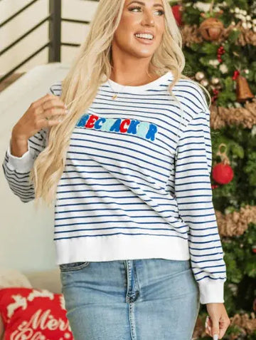 embroidered sweatshirt for women | blue striped sweatshirt | chenille lettering sweatshirt | energy saving