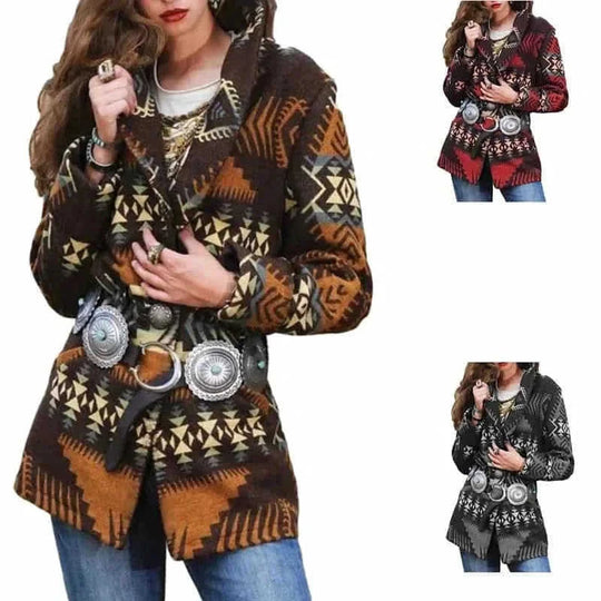 mid-length wool coat | printed lapel coat women | long sleeve wool coat | energy saving