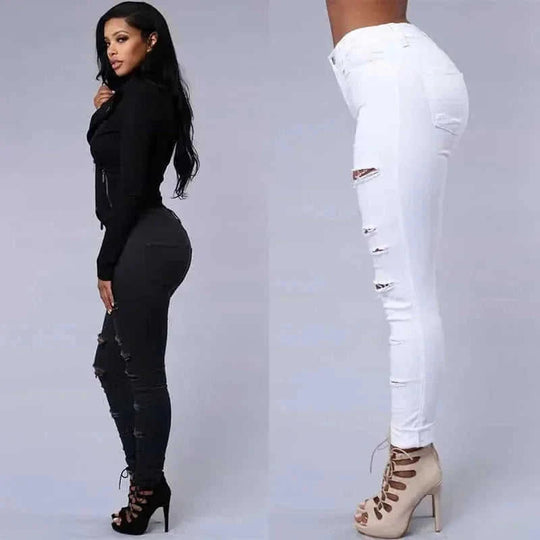 high-waisted ripped skinny jeans | distressed denim trousers for women | slim fit pencil pants | ultrasonic cleaning
