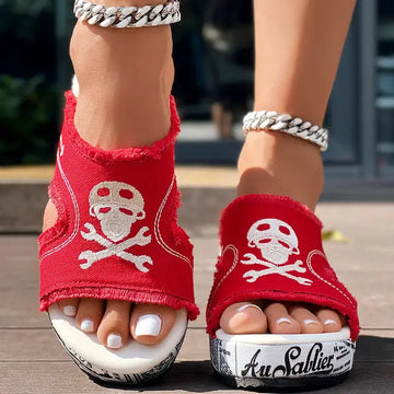 Newspaper Skull Original Hem Platform Wedge Slides - Anklet Not Included Meifu Market