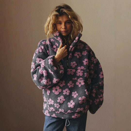 Winter Flowers Lambskin Sweatshirt With Big Pocket Casual Loose Zip-up Lapel Pullover Top Women's Clothing Meifu Market