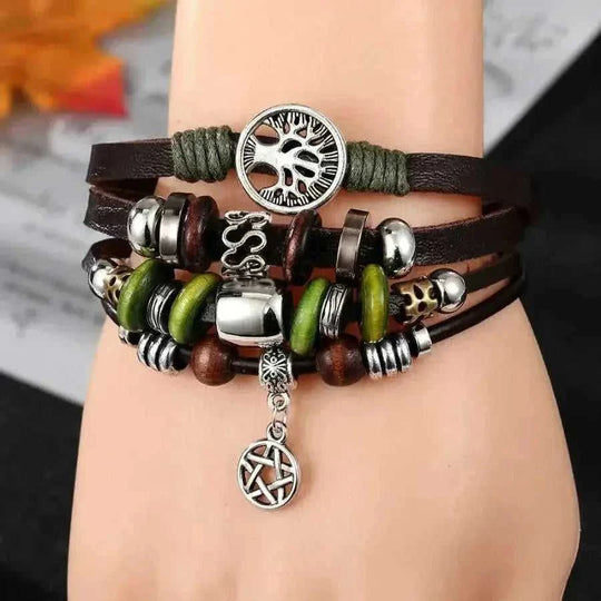 handmade beaded leather bracelet | genuine cow leather bracelet | adjustable punk bracelet | energy saving