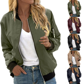 Women's Solid Color Cool Girl Baseball Jackets Round Neck Zipper Vintage Bomber Jacket Autumn Casual Female Bomber Jacket Chic Outerwear Meifu Market