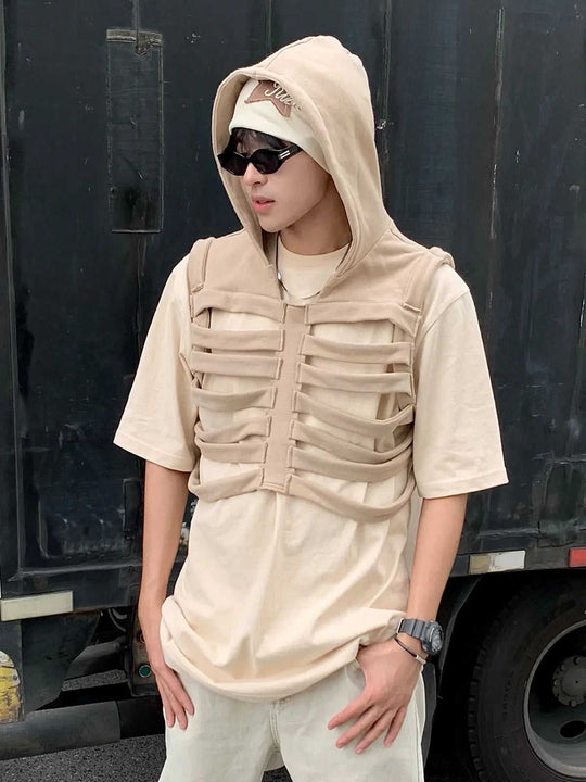 Loose, Versatile Designer-style Sleeveless Hooded Tank Top Gray - reverse side showing construction