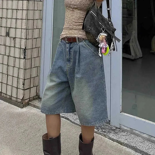 retro pleated denim shorts | wide leg denim shorts | straight cut denim shorts | energy saving