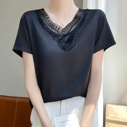 Acetate V-Neck Loose Short-Sleeve Top - Women's Commute Style - view 8 (material: denim, silk | color: white, black |...