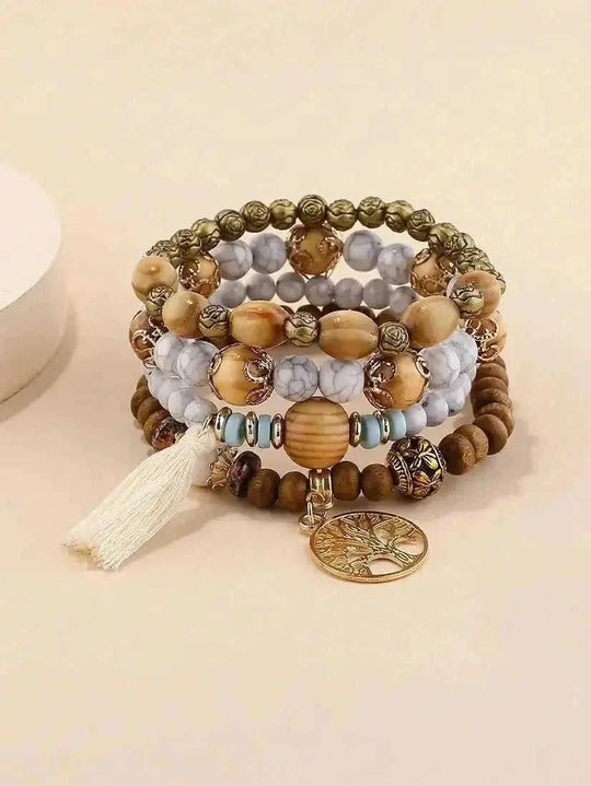 elastic bangle bracelet set | wooden beads jewelry | adjustable tree of life bracelet | ultrasonic cleaning