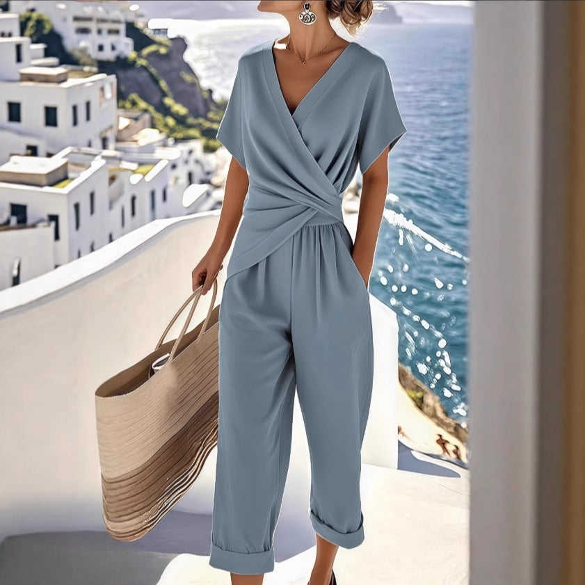 Women's V-Neck Two-Piece Pleated Suit Set - Meifu Market