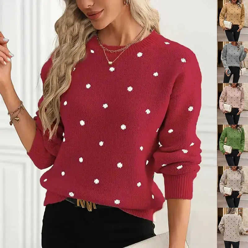 Ins Polka Dot Print Pullover Sweater Fashion Casual Long-sleeved Jacquard Knitted Top Winter Round Neck Clothing For Women Meifu Market