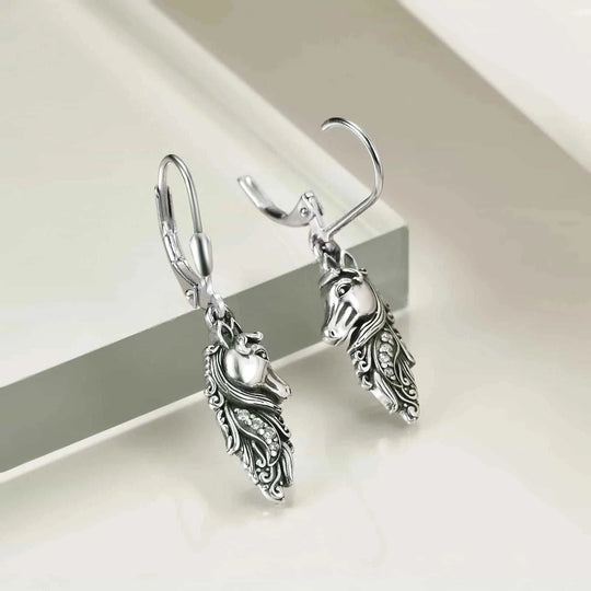 sterling silver leverback earrings | hypoallergenic dangle earrings | horse charm drop earrings | ultrasonic cleaning