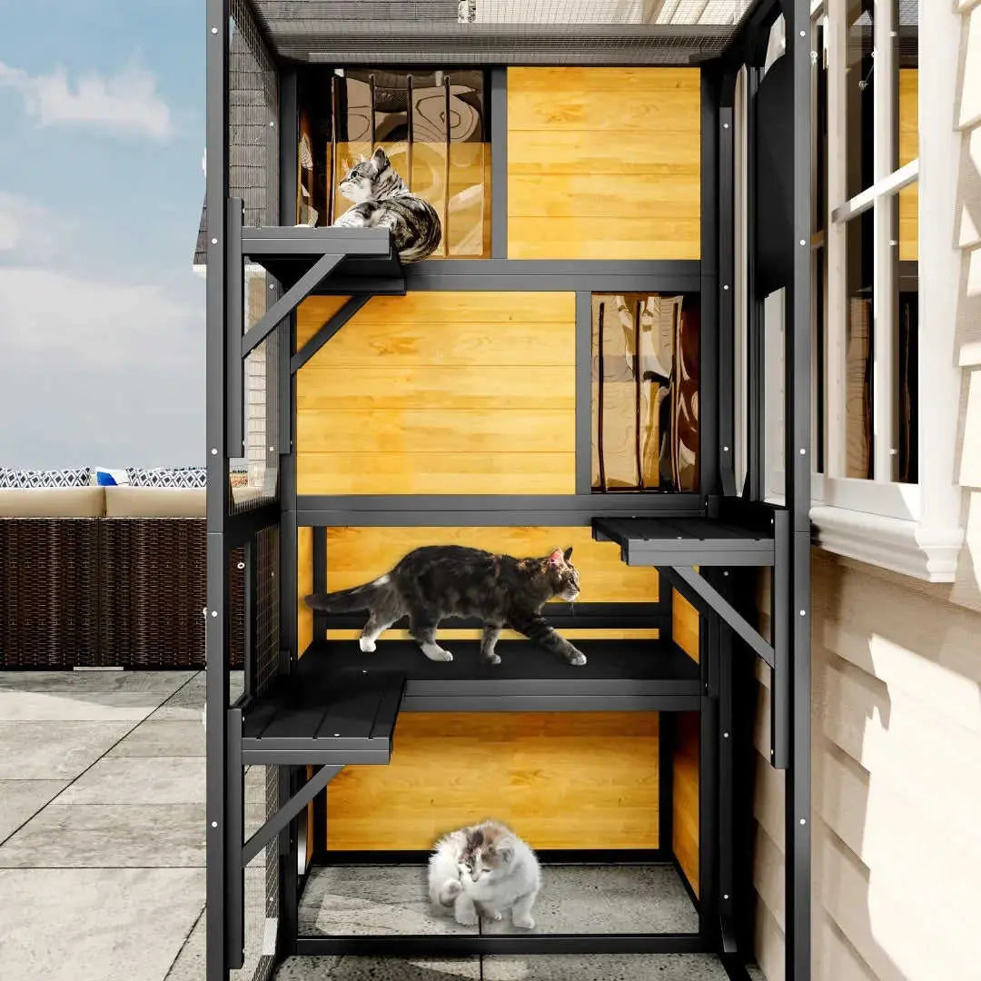 GO Large Cat Catio 4 Tiers Cat Enclosure For Outdoor, Cat House Weatherproof Attached To Window For Multiple Cats With Platforms And Resting Rooms, Brown Meifu Market