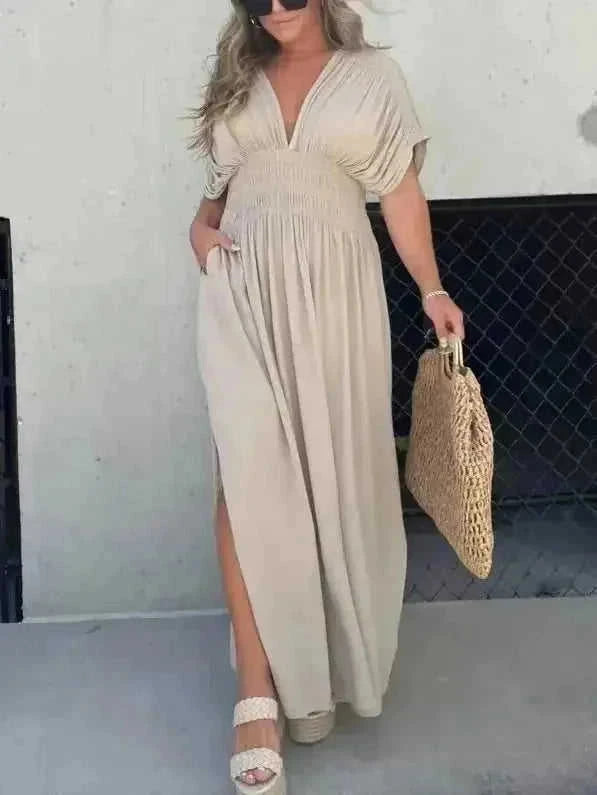 batwing sleeve dress | v-neck summer dress | elastic waist long dress | energy saving