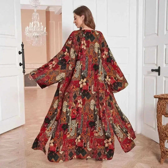 Middle East Dress Shawl Arabic Drop-shoulder Sleeve Printed Robe Black Apricot - side view showing details