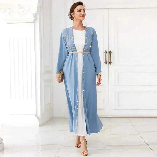 hand-stitched embroidery cardigan | lightweight travel kaftan gown | premium cotton long cardigan | ultrasonic cleaning