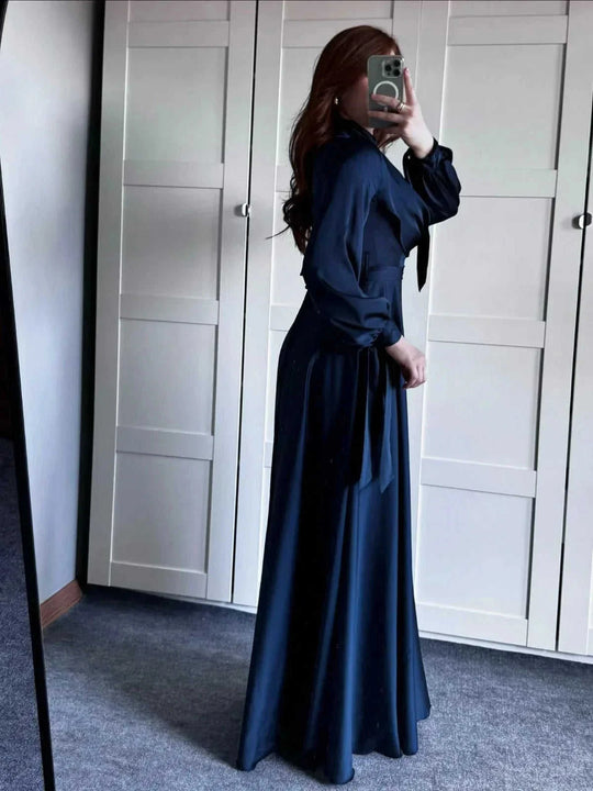 satin fabric maxi dress | plunge neckline long sleeve dress | strappy back evening gown | energy saving