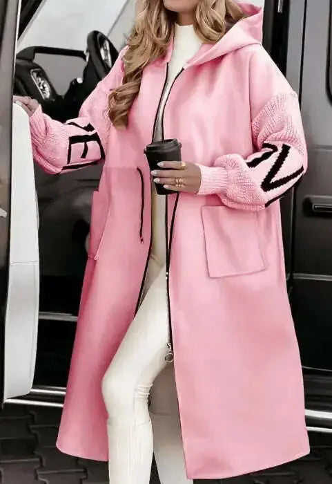 Hooded Windbreaker Long Jacket With Pockets And Drawstring Design Solid Color Knit-Sleeved Trench Coat For Women Clothing Fall Winter Meifu Market
