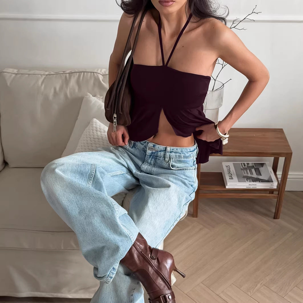 Sexy Retro Brown Halterneck Suspender Slit Camisole