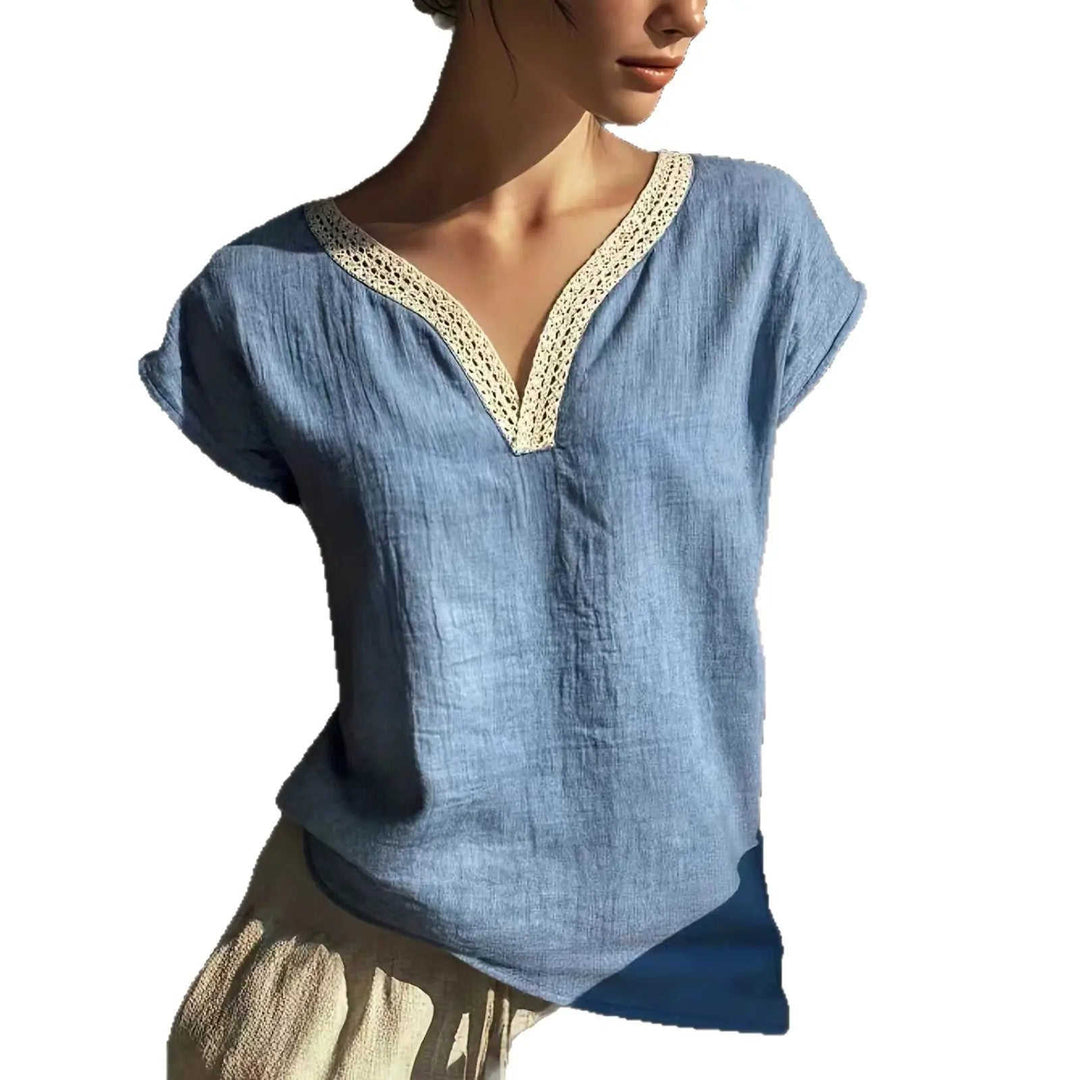 Bohemian Vintage Lace V-Neck Cotton-Linen Blouse M - alternative view