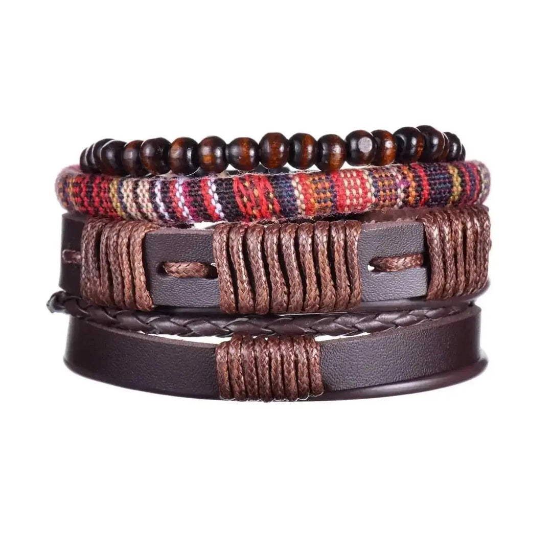 braided leather bracelet for men | vintage charm wood beads | adjustable wrap wristband | energy saving