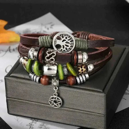 handmade beaded leather bracelet | genuine cow leather bracelet | adjustable punk bracelet | energy saving