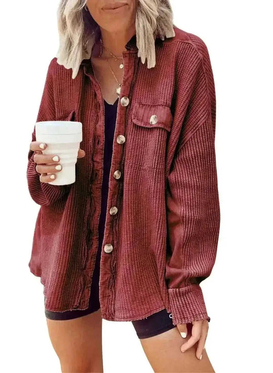 Button Shirt Jacket Women Lapel Long Sleeve Blouse Fashion Jacket Tops - Meifu Market