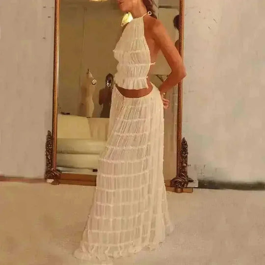 2pcs Women's Dress Suit Sexy Sleeveless Backless Cropped Halter Top And Pleated Long Skirt Beach Clothing - view 13...