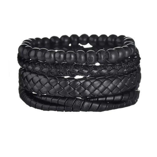 braided leather bracelet for men | vintage charm wood beads | adjustable wrap wristband | ultrasonic cleaning