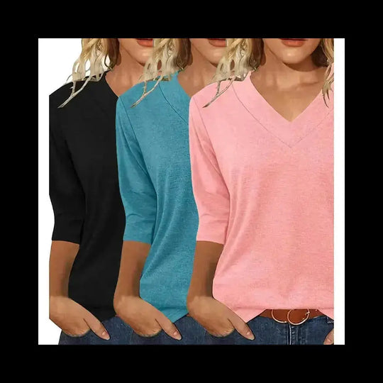 3 Pack 3 4 Sleeve Shirts For Women V Neck T Shirt Fall Casual Tops Basic Base Layer Undershirts Tees - main view...