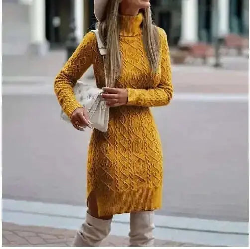 Fashion Turtleneck Knitted Dress With Slit Design Winter Warm Solid Color Pullover Long Sweater Women's Clothing Meifu Market