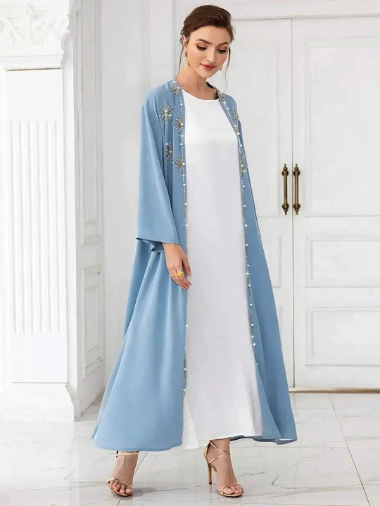 hand-stitched embroidery cardigan | lightweight travel kaftan gown | premium cotton long cardigan | ultrasonic cleaning