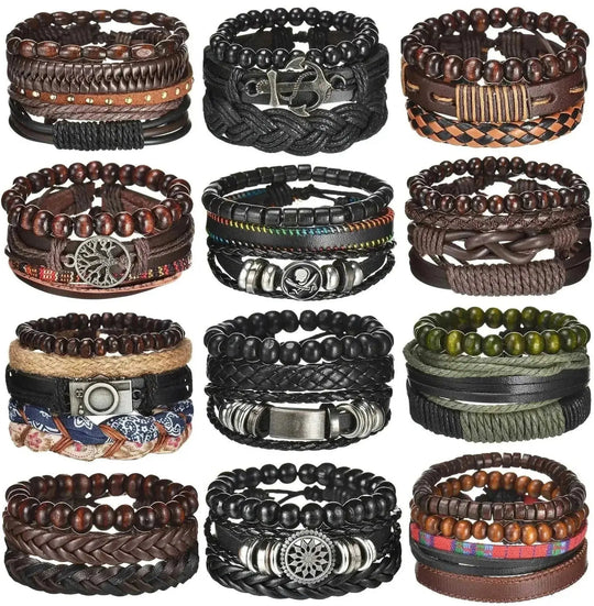 braided leather bracelet for men | vintage charm wood beads | adjustable wrap wristband | energy saving