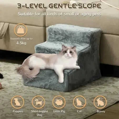 PawHut Three-Step Dog Stairs, With Washable Plush Cover, For High Bed Sofa, Dog Stairs For Small Dog And Cat - Light Grey Meifu Market