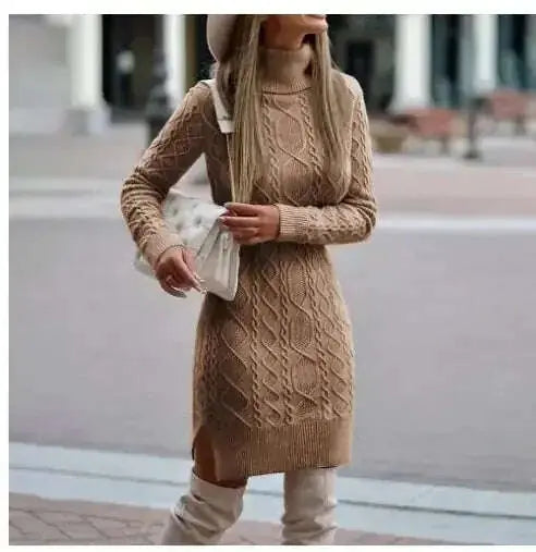 Fashion Turtleneck Knitted Dress With Slit Design Winter Warm Solid Color Pullover Long Sweater Women's Clothing Meifu Market