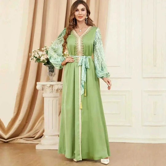 patchwork embroidery dress | long sleeve maxi dress | puff sleeve arabic dress | energy saving