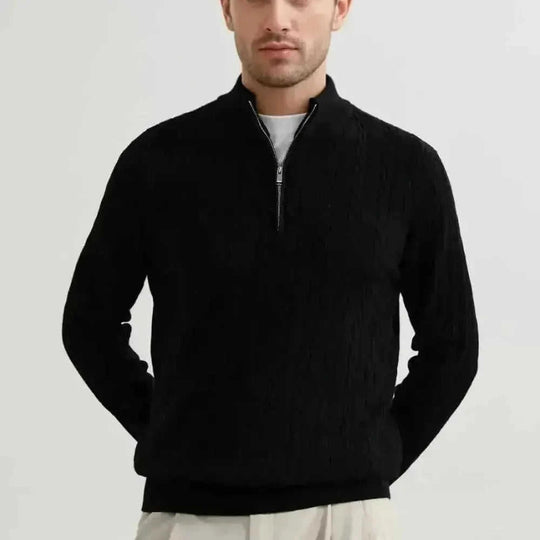 American Old Money Style Stand Collar Twisted Men's Casual Zipper Sweater - side view (material: wool, fleece | pattern:...