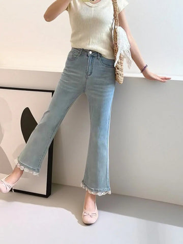 Jeans For Women, With Elastic Lace Lace And Lace Stitching, Micro Flared Jeans For Women In 2025, Small And Stylish Design, Light Blue Jeans For Women, Cropped Jeans For Women, Casual Pants For Women, Meifu Market
