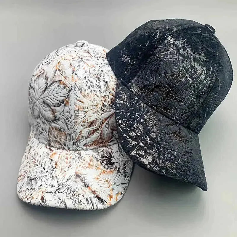 Korean Style Pure Leather Printing Baseball Caps 56to60cm - close-up detail shot