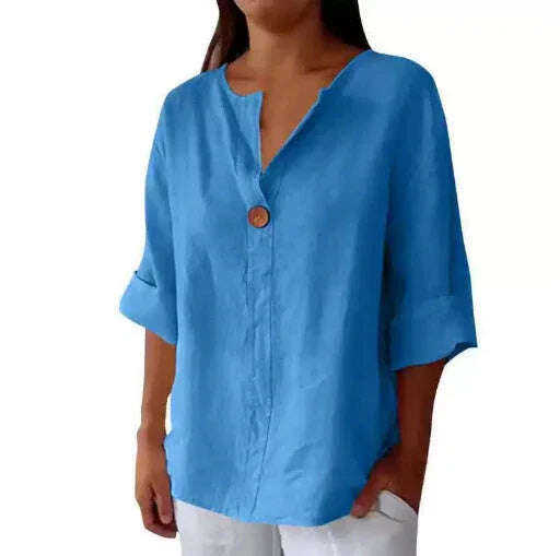 V-neck Long-sleeved T-shirt Fashion Loose Cotton And Linen Button Tops For Women Meifu Market