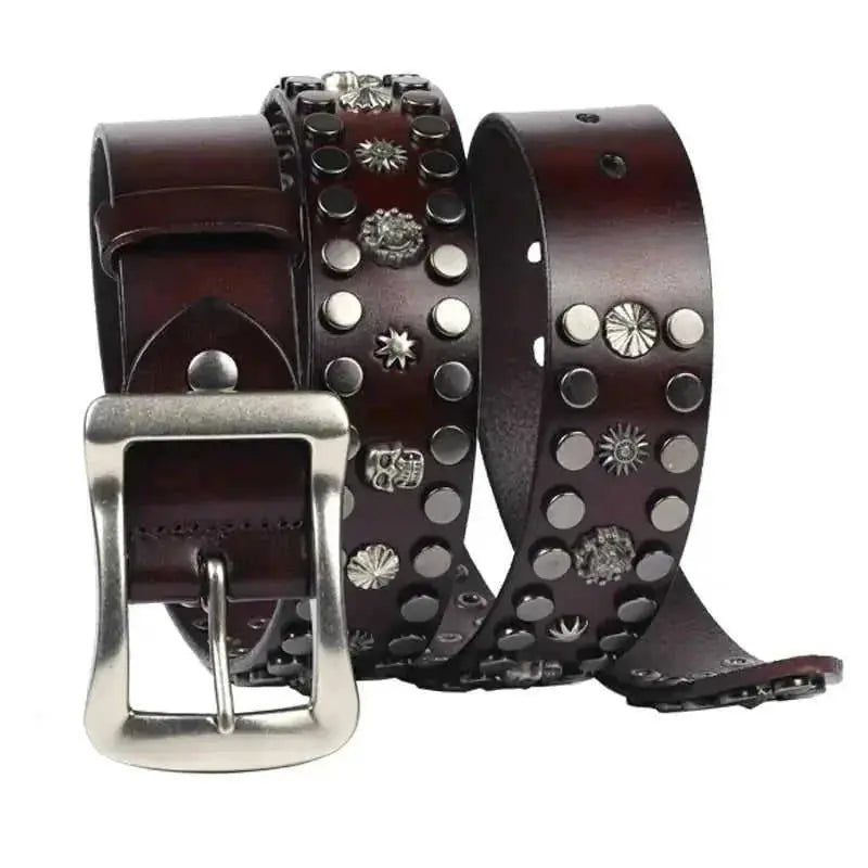 mens punk style leather belt | heavy duty belt for daily wear | adjustable belt with metal rivets | energy saving