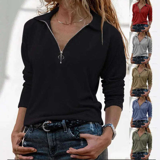 Fabric Lapel Zipper Casual Long Sleeve Women Meifu Market