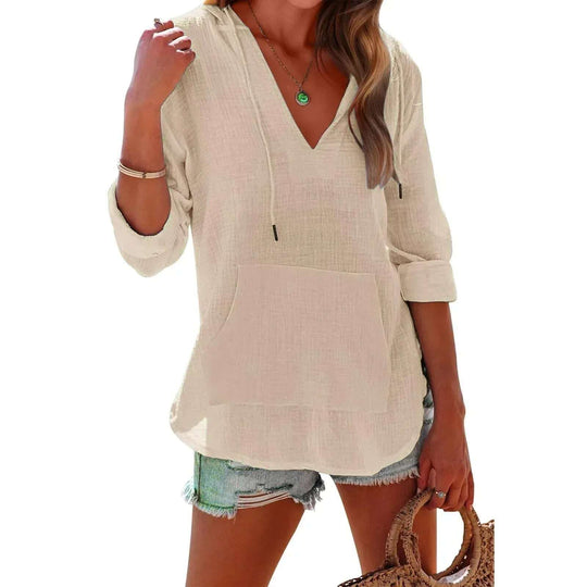 V-neck Hooded Shirt With Pockets Fashion Sports Long-sleeved Split Shirts Tops For Women Clothing Meifu Market