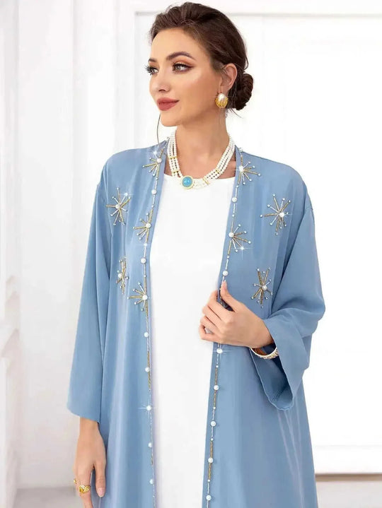hand-stitched embroidery cardigan | lightweight travel kaftan gown | premium cotton long cardigan | energy saving