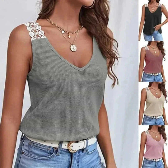 waffle knit fabric tank top | v-neck sleeveless summer top | lace trim vest top | ultrasonic cleaning