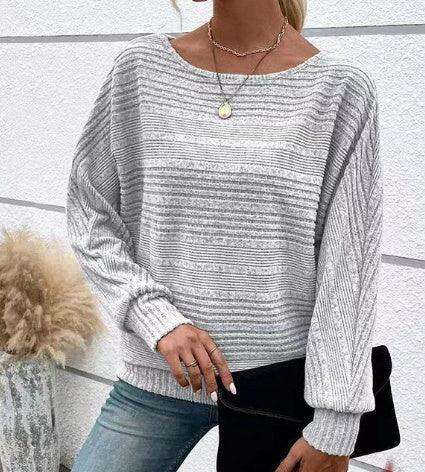 Solid Striped Batwing Sleeves T-shirt Fashion Casual Pullover Round Neck Long Sleeve Top Spring And Autumn Women's Clothing Meifu Market
