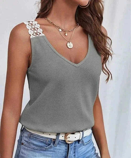 waffle knit fabric tank top | v-neck sleeveless summer top | lace trim vest top | energy saving