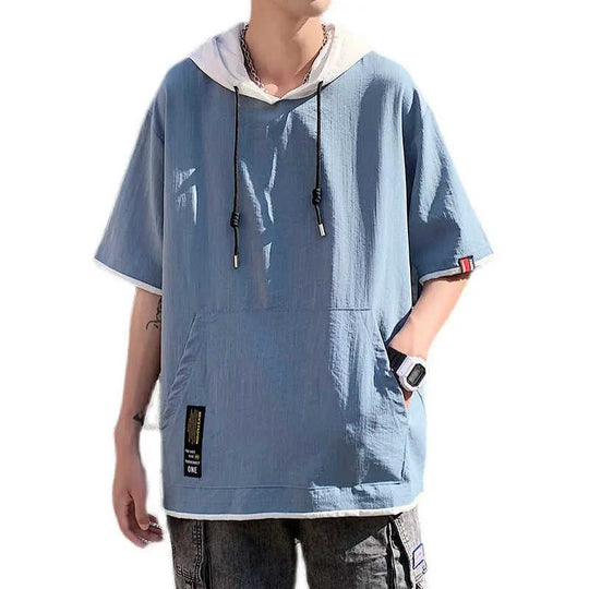 Mens Loose-fitting Casual Mock Two-piece Short-sleeve Shirt XL - reverse side showing construction