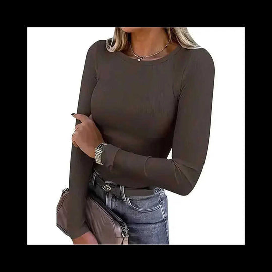 3 Pack Women's Long Sleeve Shirts, Crew Neck Ribbed Tops Slim Fit Casual Knit Tees Stretch Basic T Shirts - close-up...