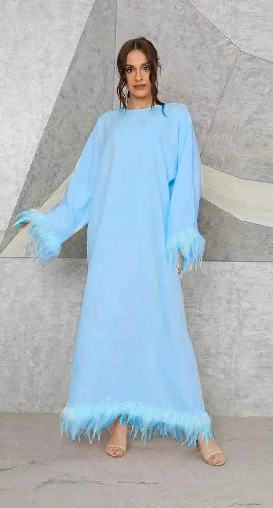 feather detail maxi dress | long sleeve round neck dress | lace-up back dress | energy saving